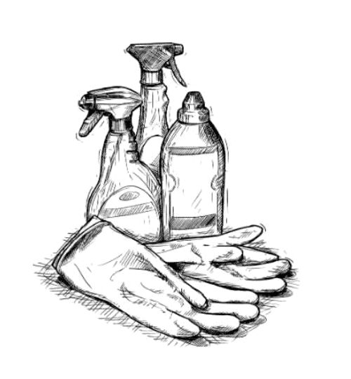 Hand-sketched spray bottles and cleaning gloves from the ClearSpace logo